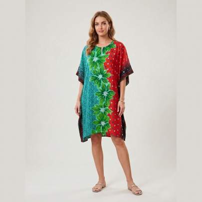 Abstract Floral Print Beach Kaftan Free Size – Resort Wear Dress | Sun-Rose Fashions