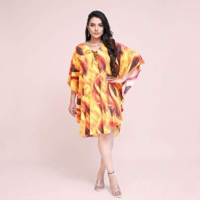 Abstract Printed Polyester Kaftan Free Size – Stylish Beach & Resort Wear | Sun-Rose Fashions
