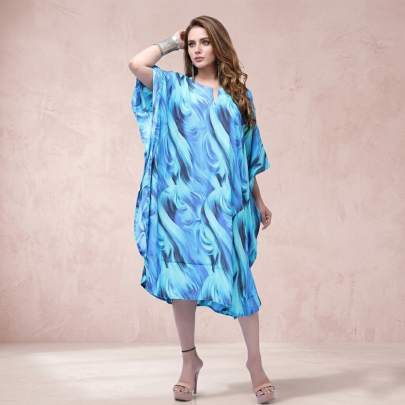 Blue Abstract Printed Polyester Kaftan Free Size – Beach & Resort Wear | Sun-Rose Fashions