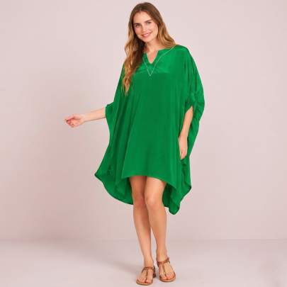 Emerald Green Crepe Kaftan   Free Size   Elegant Solid Resort Wear   Sun Rose Fashions