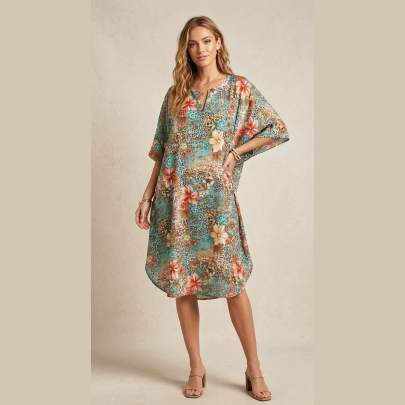 Floral Animal Print Beach Kaftan Dress Free Size – Elegant Resort Wear for Women | Sun-Rose Fashions