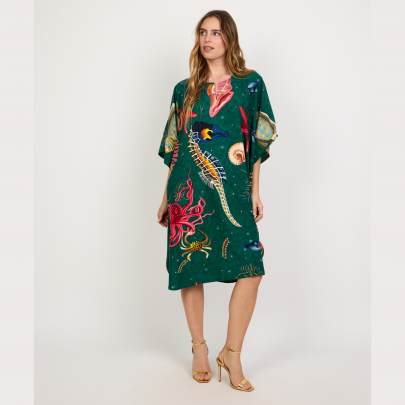 Green Ocean Life Print Polyester Kaftan Dress – One Size Fits All