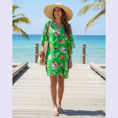 Green Tropical Fish Print Polyester Kaftan Dress     One Size Fits All