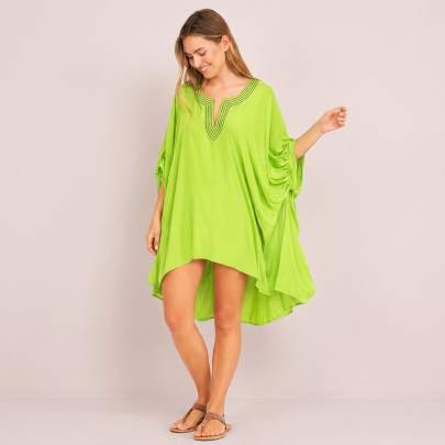 Lime Green Crepe Kaftan   Free Size  Solid Beach   Resort Wear   Sun Rose Fashions
