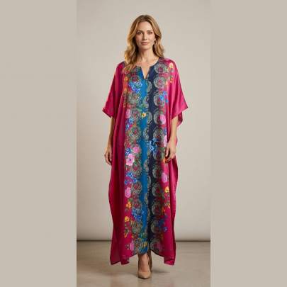 Luxury Floral Crepe Silk Kaftan Maxi Kaftan Free Size – Resort Wear | Sun-Rose Fashions