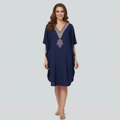 Navy Blue Embroidered Crepe Silk Kaftan Dress Free Size – Elegant Beach & Resort Wear for Women | Sun-Rose Fashions