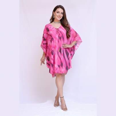 Pink Abstract Print Polyester Kaftan Dress     One Size Fits All