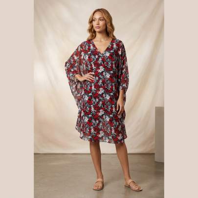 Red Black Floral Print Beach Kaftan Dress Free Size – Elegant Resort Wear | Sun-Rose Fashions