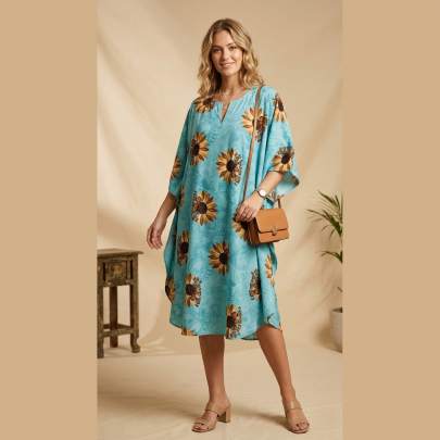 Sunflower Print Kaftan Free Size – Soft Resort Wear | Sun-Rose Fashions