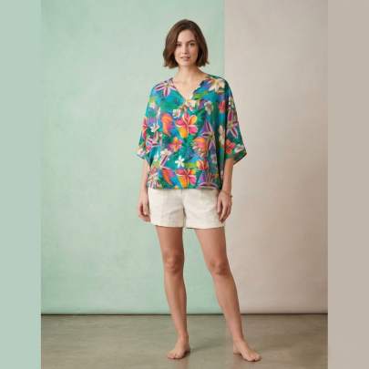 Tropical Floral Kaftan Top Free Size – Beach Resort Wear | Sun-Rose Fashions