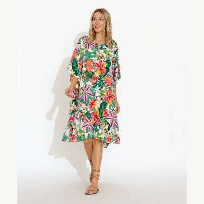 White Tropical Floral Print Polyester Kaftan- One Size fits all
